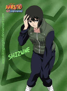 a drawing of shizune from naruto shippuden with a green background