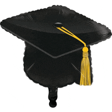 a black graduation cap with a yellow tassel on a white background