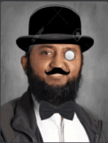 a man with a beard is wearing a top hat and bow tie