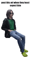 a man in a green shirt and green crocs is sitting on a white background