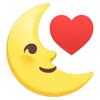 a smiling crescent moon with a red heart above it