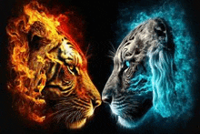 two tigers are standing next to each other and their faces are covered in flames .