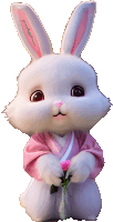 a white rabbit with pink ears is wearing a pink robe and holding a flower