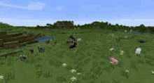 a sheep is standing in a field of grass in minecraft .