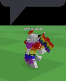 a video game character is holding a rainbow flag and the name demxnmanes is on the bottom right