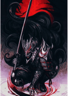 a painting of a samurai holding a sword with a red background