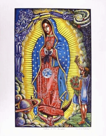 a painting of the virgin mary with a man holding flowers in front of her