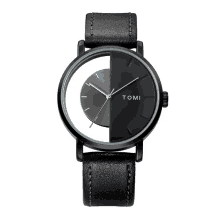 a tomi watch has a black band and black face