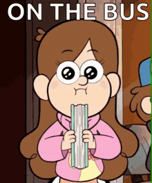 a cartoon of a girl holding a book with on the bus written on the bottom