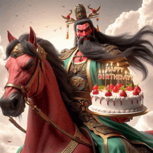 a man riding a horse holding a cake with candles that says happy birthday