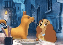 a lady and the tramp cartoon shows a dog eating spaghetti from a plate