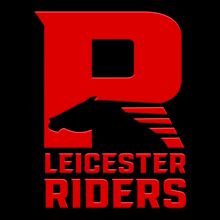 a logo for the leicester riders with a red letter r on a black background