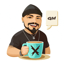 a cartoon of a man holding a cup of coffee with a speech bubble that says gm