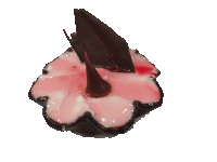 a pink and white flower shaped dessert with a chocolate leaf on top