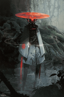 a painting of a robot with a red cape and a circle around it that says ' snru ' on it