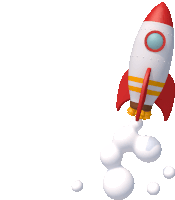 a red and white rocket is flying through the air with bubbles coming out of it