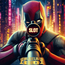 a man in a deadpool costume is aiming a gun at a slot