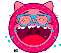 a cartoon drawing of a cat with glasses and a mtv logo on the bottom