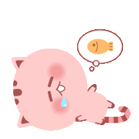 a pink cat with a tear coming out of its eye dreams of a fish