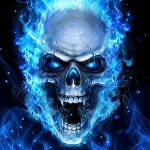 a ghost rider skull is surrounded by blue flames .