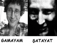 a black and white photo of a man with the words gamayam and satayat below him