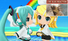 two anime girls are standing next to each other in front of a live slug reaction advertisement