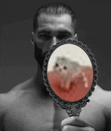 a man is looking at himself in a mirror with a cat in it