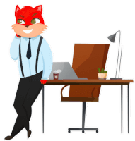 a cartoon of a fox leaning against a desk with a cup of coffee on it