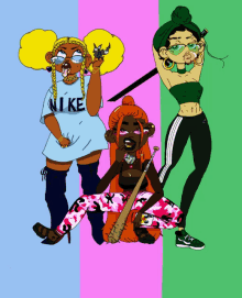 a drawing of three girls with one wearing a shirt that says nike