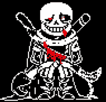 a pixel art of a skeleton with a red ribbon around his neck and a sword .