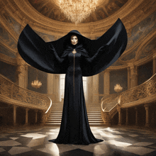 a woman in a black cape is standing in a room with stairs