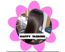 a picture of a woman in a chair with the words happy tasking on the bottom