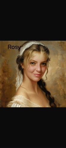 a painting of a woman with the name rosy on the bottom right