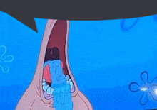 patrick star from spongebob squarepants is crying with his mouth open and a speech bubble in the background .