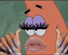 a woman with long nails is holding a picture of patrick star with fake eyelashes and lips