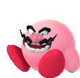 a pink kirby doll with a wario face on it .