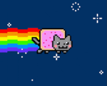 a pixel art of a cat with a rainbow tail