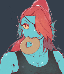 a drawing of a woman with red hair and blue skin eating a doughnut