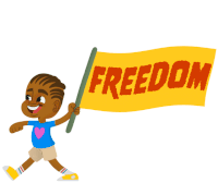 a cartoon boy is holding a yellow flag that says freedom