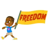 a cartoon boy is holding a yellow flag that says freedom