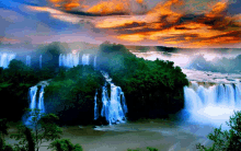 a waterfall in the middle of a forest with a cloudy sky in the background