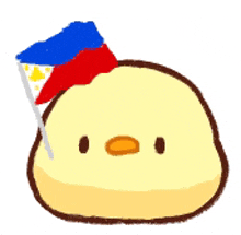 a yellow chicken is holding a flag in its mouth .