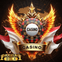 a logo for a casino with wings and a flag in the background