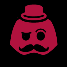 a red face with a mustache and top hat on a black background