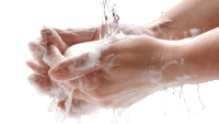 a person washing their hands with soap and water on a white background