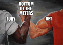 a painting of two men shaking hands with the caption " bottom of the meters fury ret "