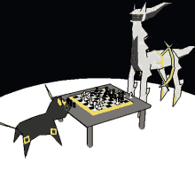 a drawing of a table with a chess board and two animals playing chess