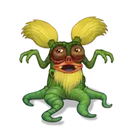 a green and yellow cartoon character with a beard and big eyes