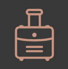 an icon of a suitcase with wheels on a black background