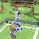 a video game shows a girl and a boy playing with a soccer ball and the name pc hatt is visible